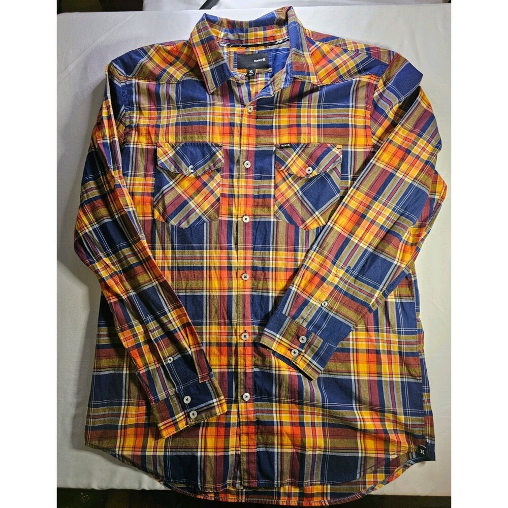 Hurley Men's XL Regular Fit Plaid Shirt Blue Yellow Orange Red Long Sleeve